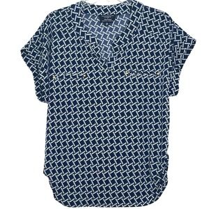 Flower & Feather Womens Blouse 1XL Blue Geometric Ruched Sides Split Neck Career